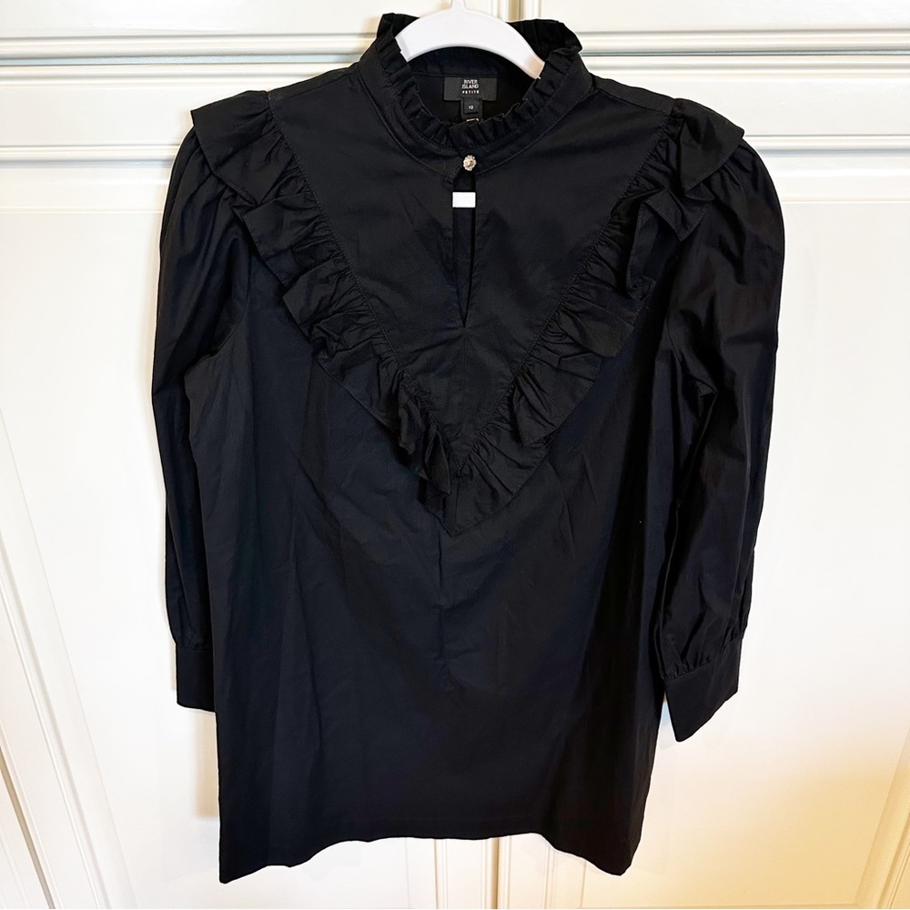 River Island Women’s Ruffle Black Cotton Long Sleeve Mini Dress Pullover Style 8